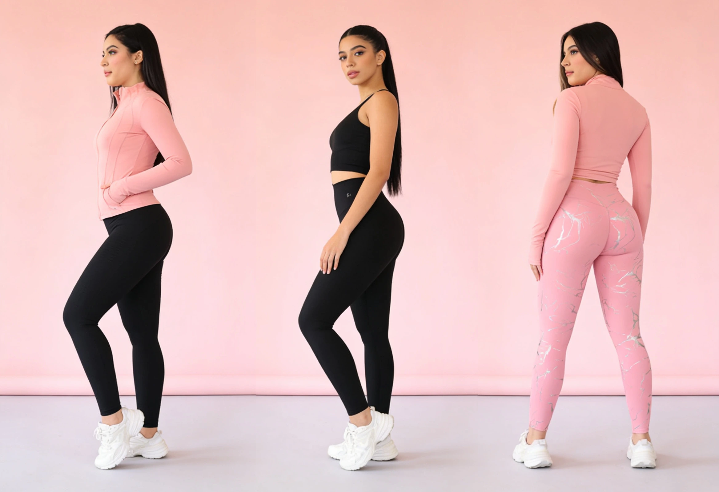 Three women showcasing Gava Elite activewear in a studio