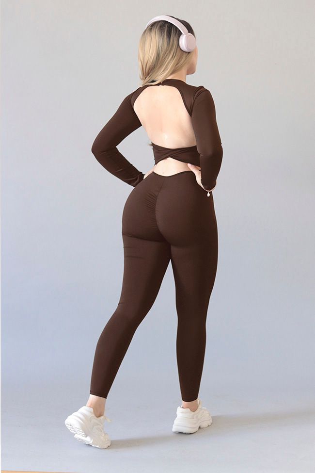 Brown Long-Sleeve Open-Back Jumpsuit